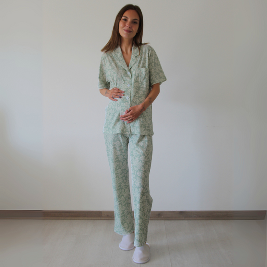 Pijama Lactancia Camisero M/C Flores Verde