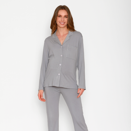 Pijama Lactancia Camisero Manga Larga Gris