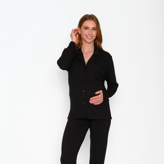 Pijama Lactancia Camisero Manga Larga Negro