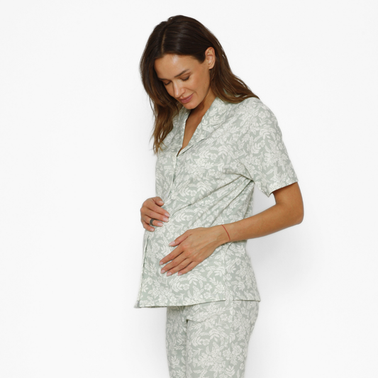 Pijama Lactancia Camisero M/C Flores Verde