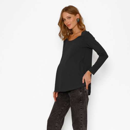 Polera Maternal Ruedo Curvo Manga Larga Algodón Negro