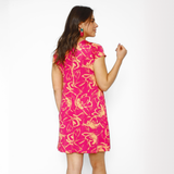 Vestido Maternal Al Cuello Flores naranjo fondo fucsia