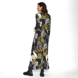 Vestido Lactancia Largo Vuelo Manga Larga Hojas Khaki Negro