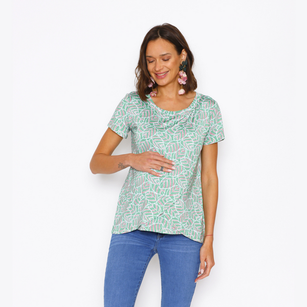 Polera Lactancia Capas Verde Hojitas Burdeo