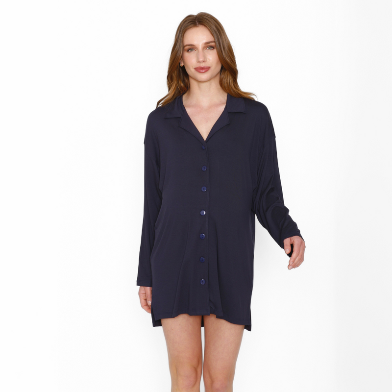 Camisa de Dormir Lactancia Botones Manga Larga Azul Marino