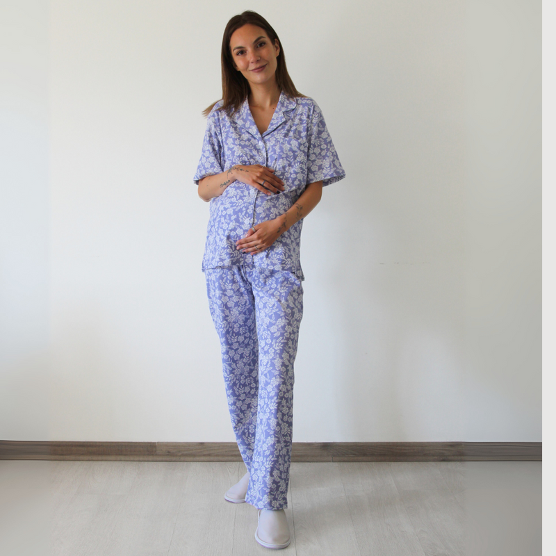 Pijama Lactancia Camisero M/C Flores Lavanda