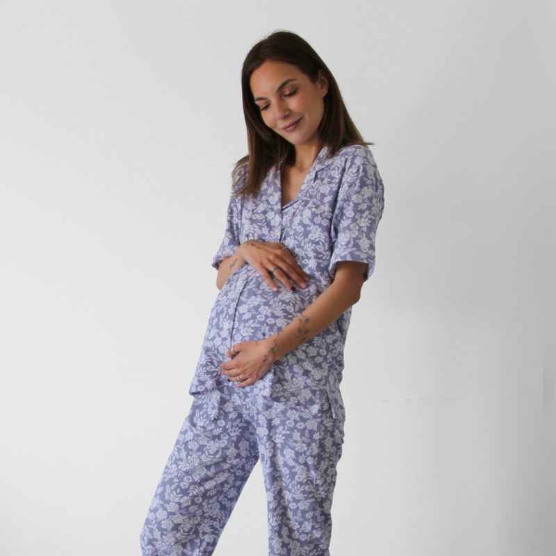 Pijama Lactancia Camisero M/C Flores Lavanda
