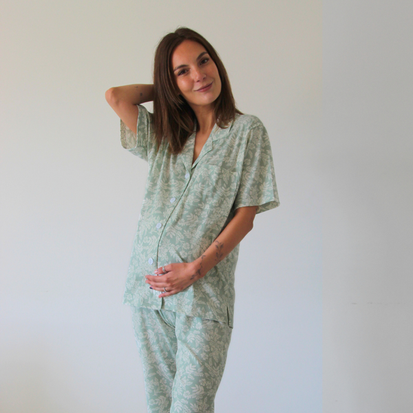 Pijama Lactancia Camisero M/C Flores Verde