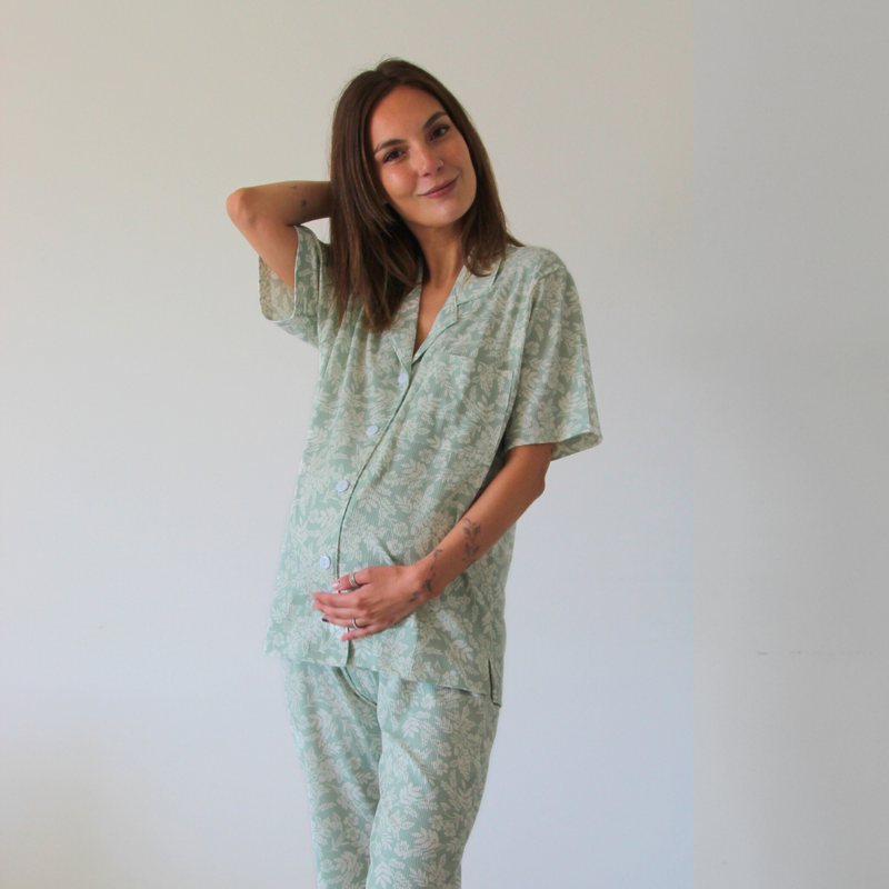 Pijama Lactancia Camisero M/C Flores Verde
