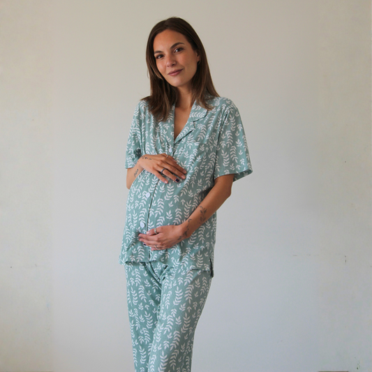 Pijama Lactancia Camisero M/C Hojas Verde