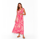 Vestido Lactancia Pía Largo Ondas Beige Fucsia