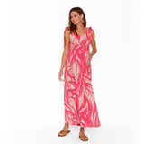 Vestido Lactancia Pía Largo Ondas Beige Fucsia