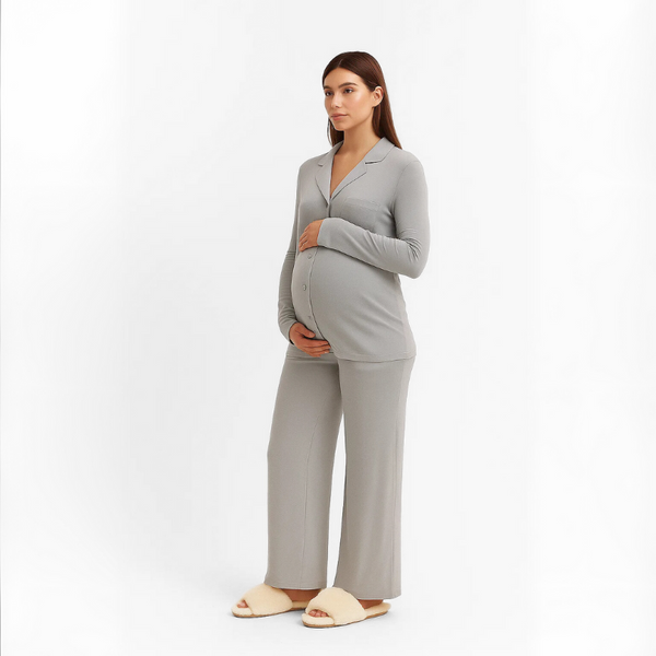 Pijama Maternal Camisero Manga Larga Gris
