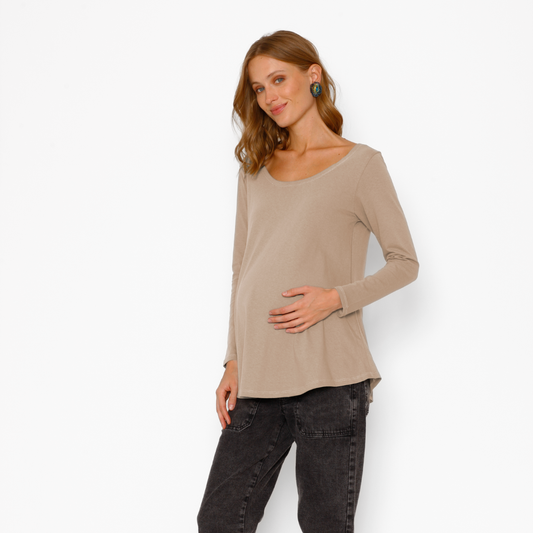 Polera Maternal Ruedo Curvo Manga Larga Algodón Beige