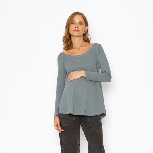 Polera Maternal Ruedo Curvo Manga Larga Algodón Verde