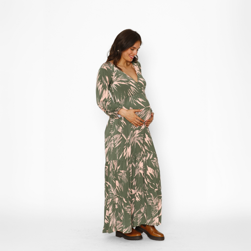 Vestido Lactancia Largo M/Globo Hojas Khaki Rosa