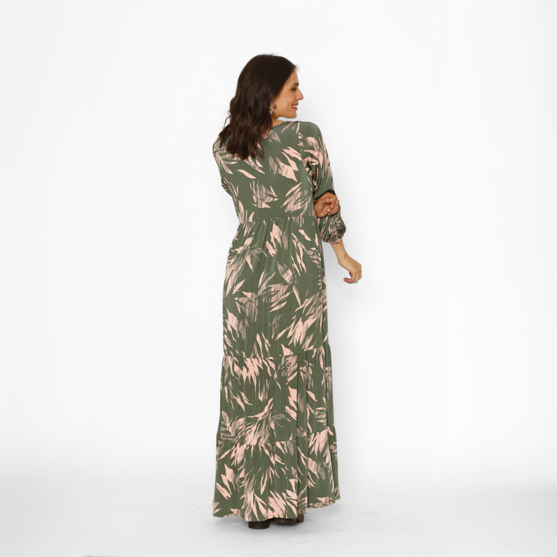 Vestido Lactancia Largo M/Globo Hojas Khaki Rosa