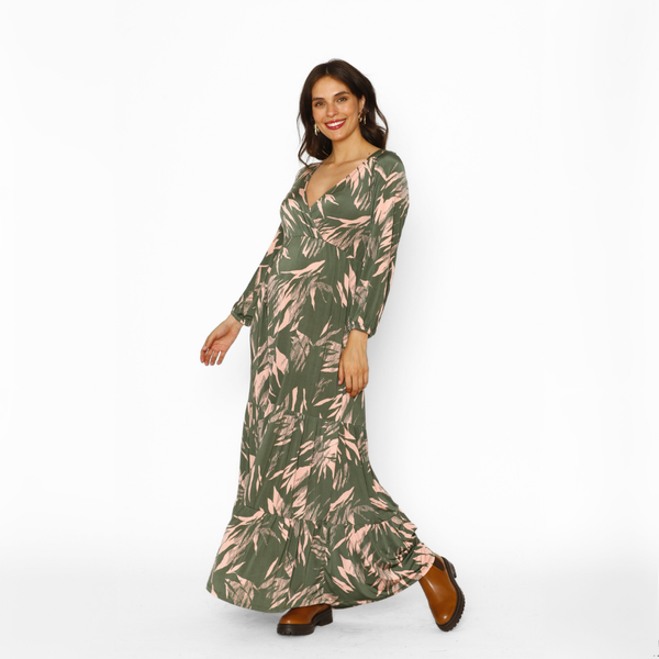 Vestido Lactancia Largo M/Globo Hojas Khaki Rosa