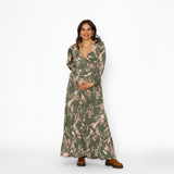 Vestido Lactancia Largo M/Globo Hojas Khaki Rosa