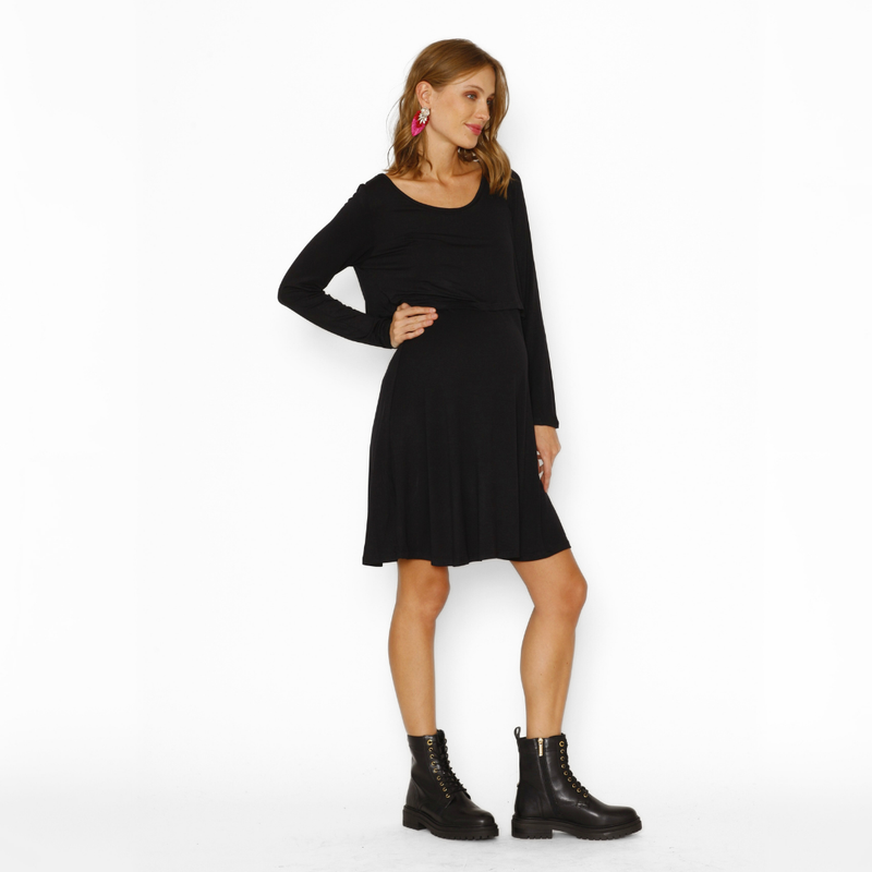 Vestido Lactancia Vuelo Manga Larga Negro