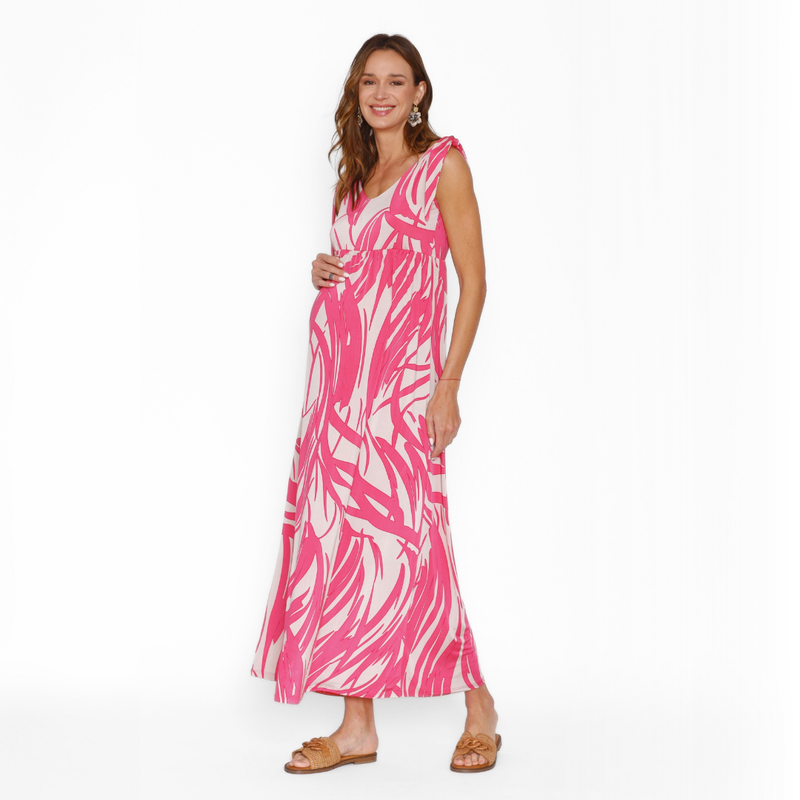 Vestido Lactancia Pía Largo Ondas Beige Fucsia