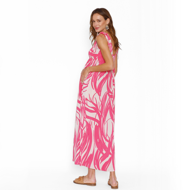 Vestido Lactancia Pía Largo Ondas Beige Fucsia