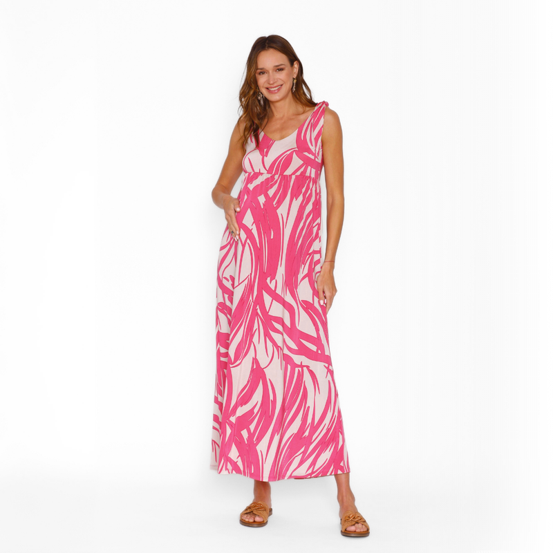 Vestido Lactancia Pía Largo Ondas Beige Fucsia