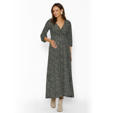 Vestido Lactancia Largo M/Globo Manchas Khaki