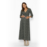 Vestido Lactancia Largo M/Globo Manchas Khaki