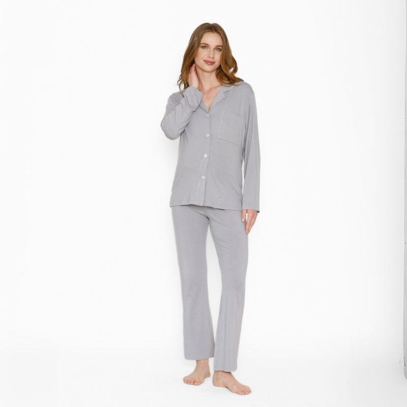 Pijama Maternal Camisero Manga Larga Gris